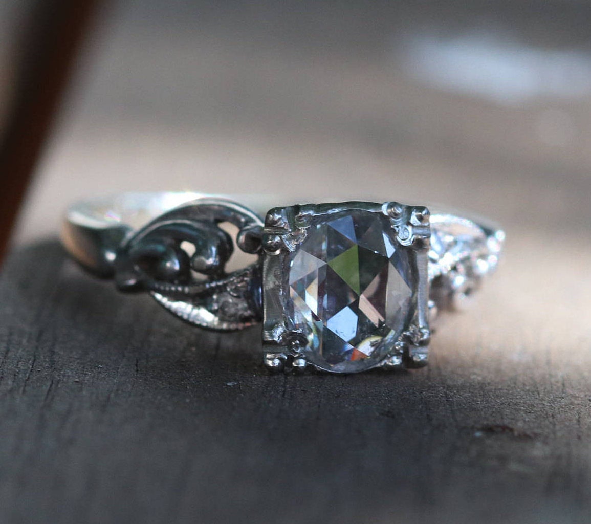 Rose cut diamond (.76ct) ring set in 1950s 14k white gold size 5.25 sizable