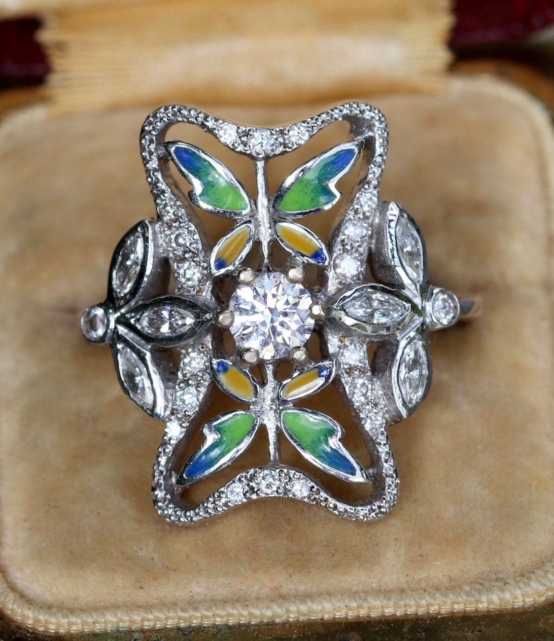 18k white gold diamond enamel butterfly ring size 8 sizable