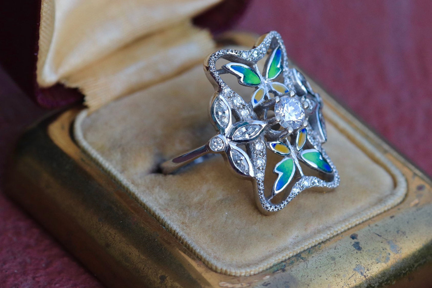 18k white gold diamond enamel butterfly ring size 8 sizable