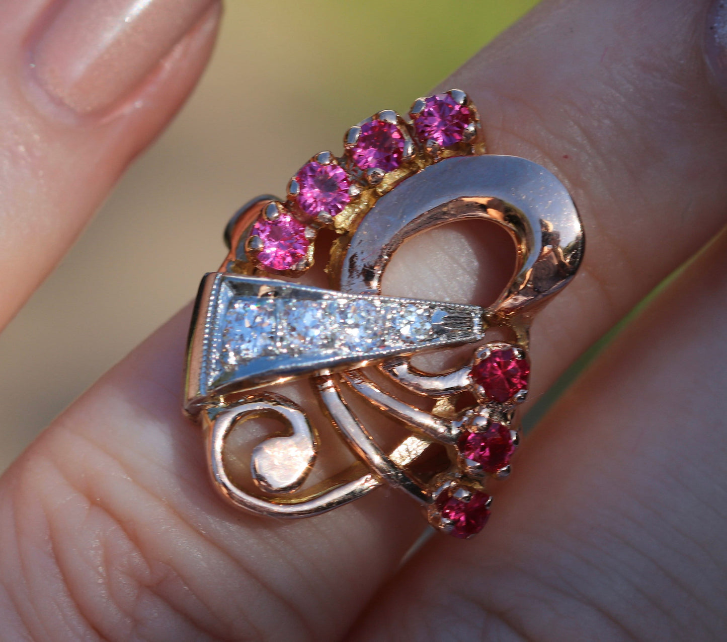 14 kt rose gold, diamond and synthetic ruby ring size 4 (sizable)