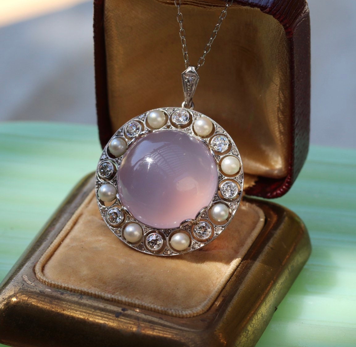 Art Deco platinum calcedony diamond and pearl pendant/brooch on 18k/18" chain