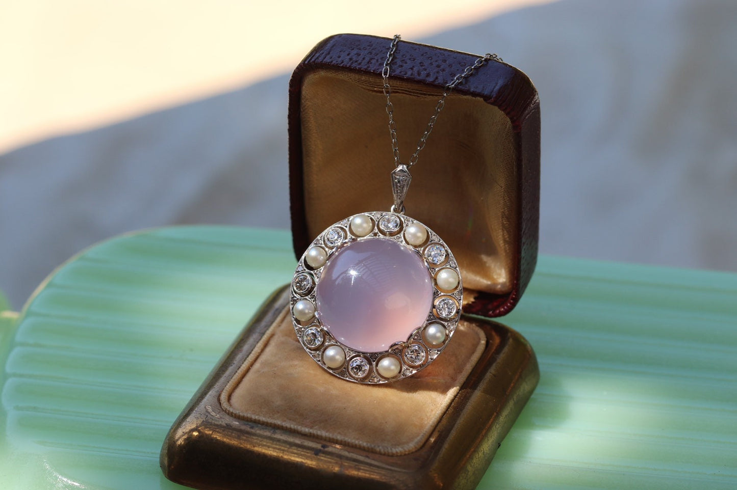 Art Deco platinum calcedony diamond and pearl pendant/brooch on 18k/18" chain