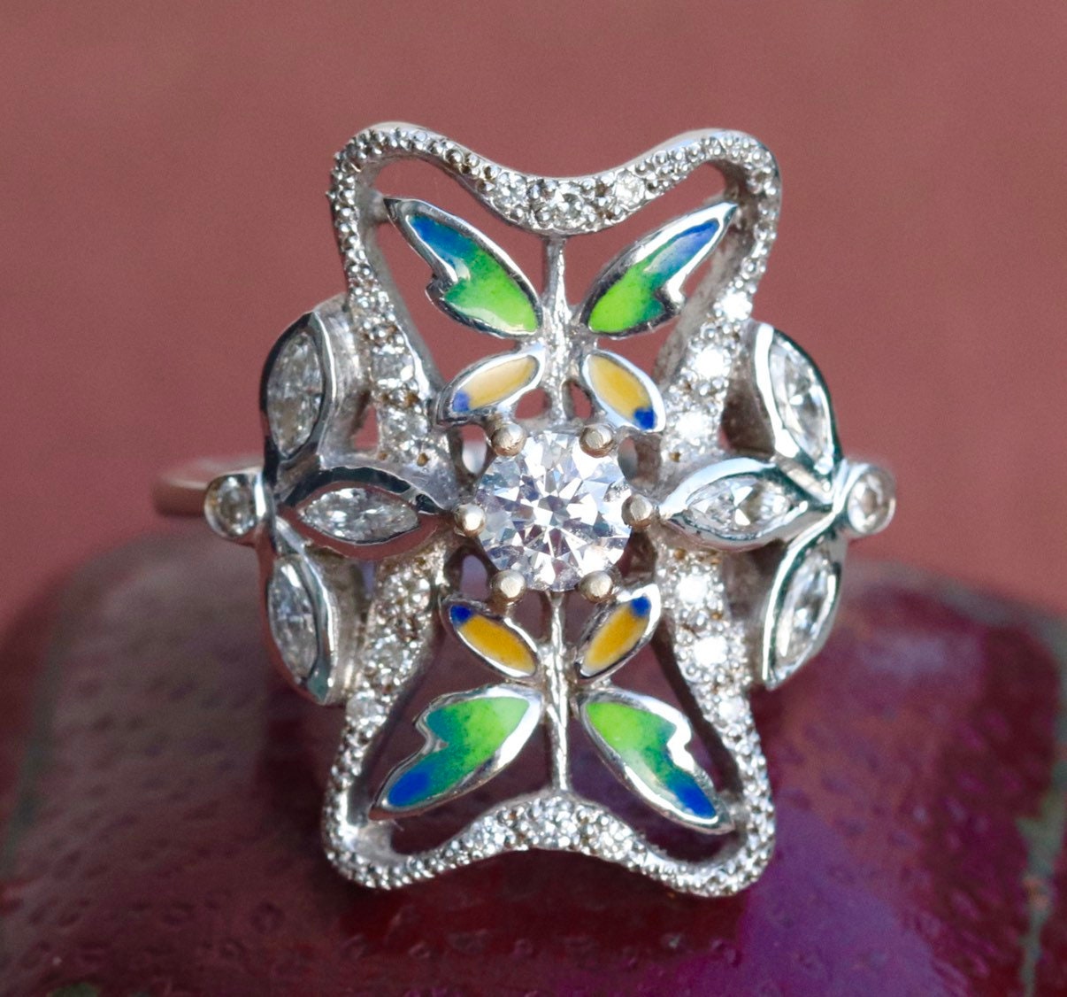 18k white gold diamond enamel butterfly ring size 8 sizable