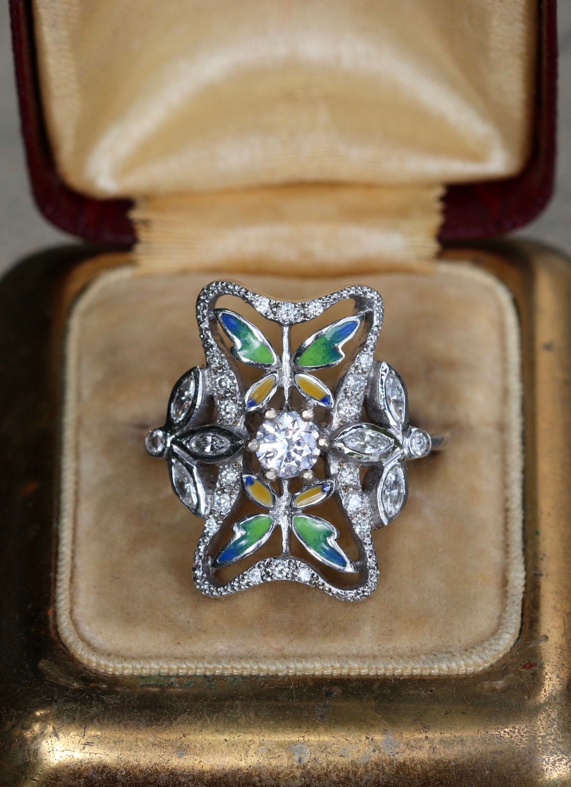 18k white gold diamond enamel butterfly ring size 8 sizable