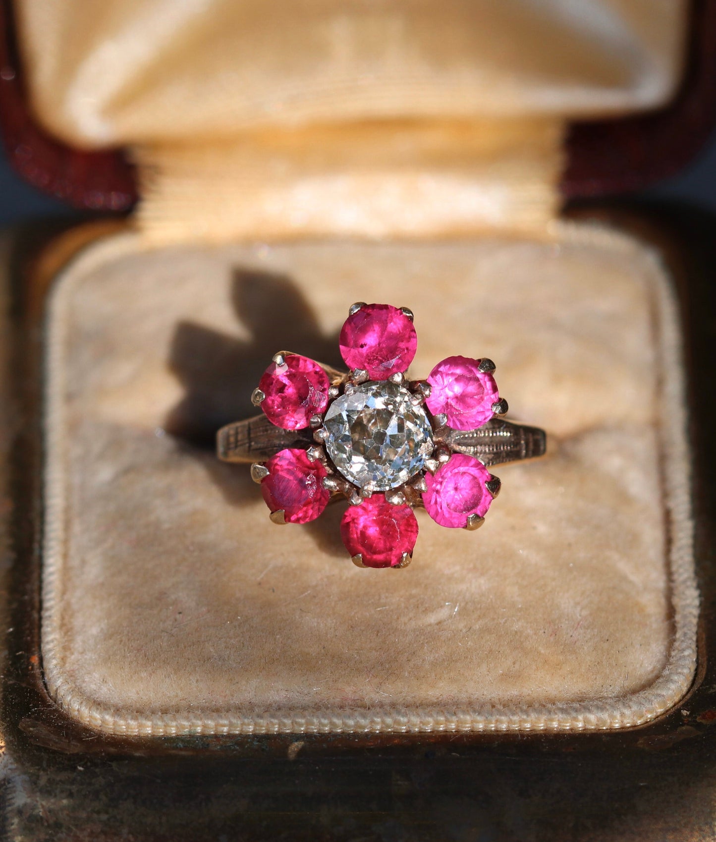 old mine cut diamond (.66 ct) and synthetic ruby flower ring set in 14k gold size 5.5 sizable