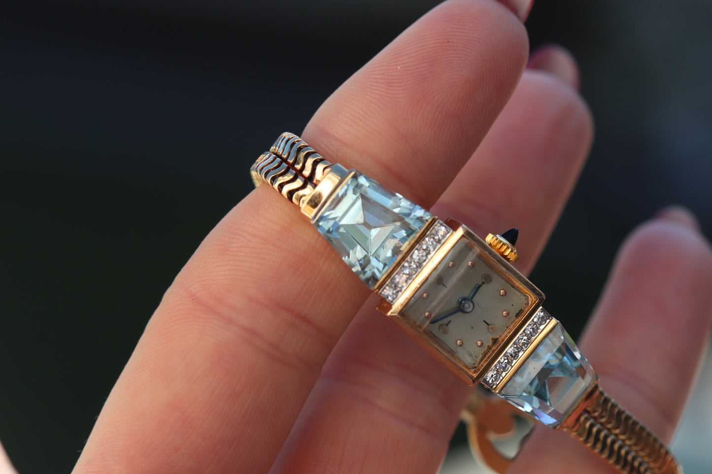 14k gold aquamarine and diamond manual wind wrist watch