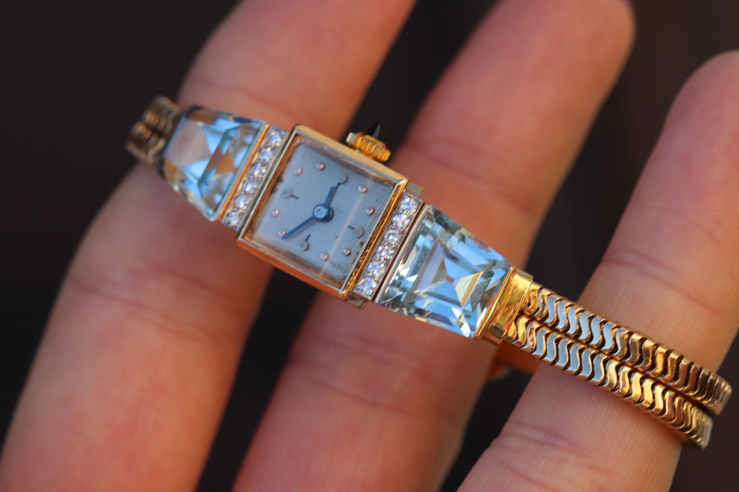 14k gold aquamarine and diamond manual wind wrist watch
