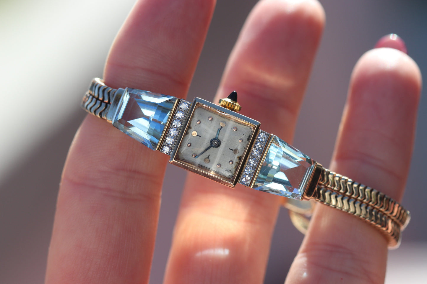 14k gold aquamarine and diamond manual wind wrist watch