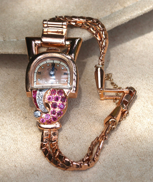 14k solid rose gold retro Paul Ditisheim wristwatch with rubies and diamonds 7.25”