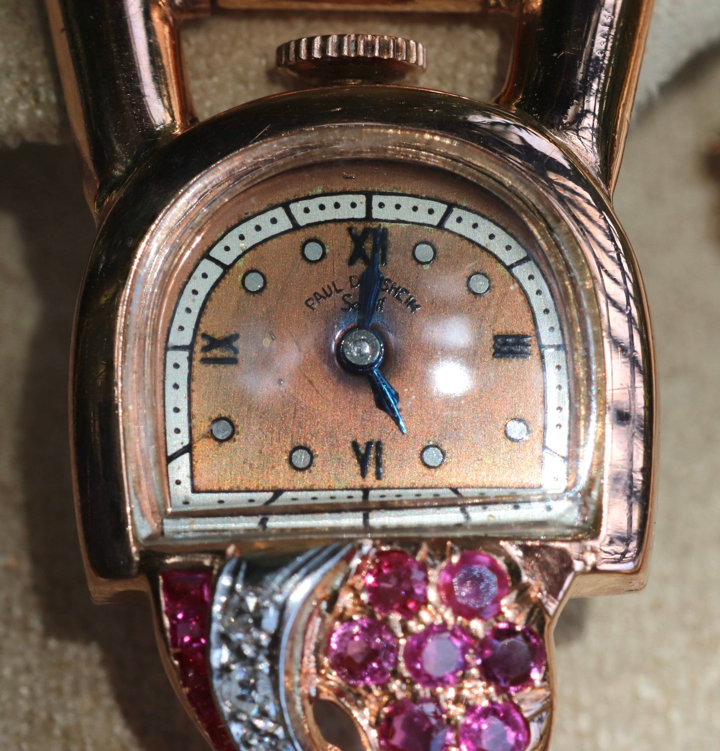 14k solid rose gold retro Paul Ditisheim wristwatch with rubies and diamonds 7.25”