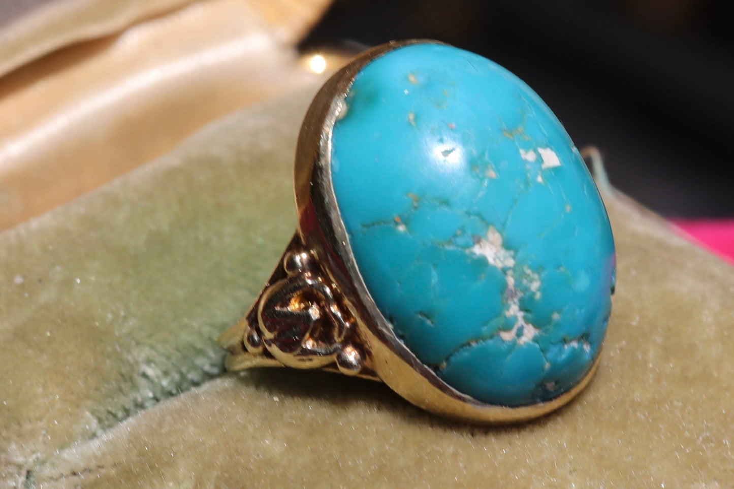 Solid turquoise and 14k gold ring size 5 sizable