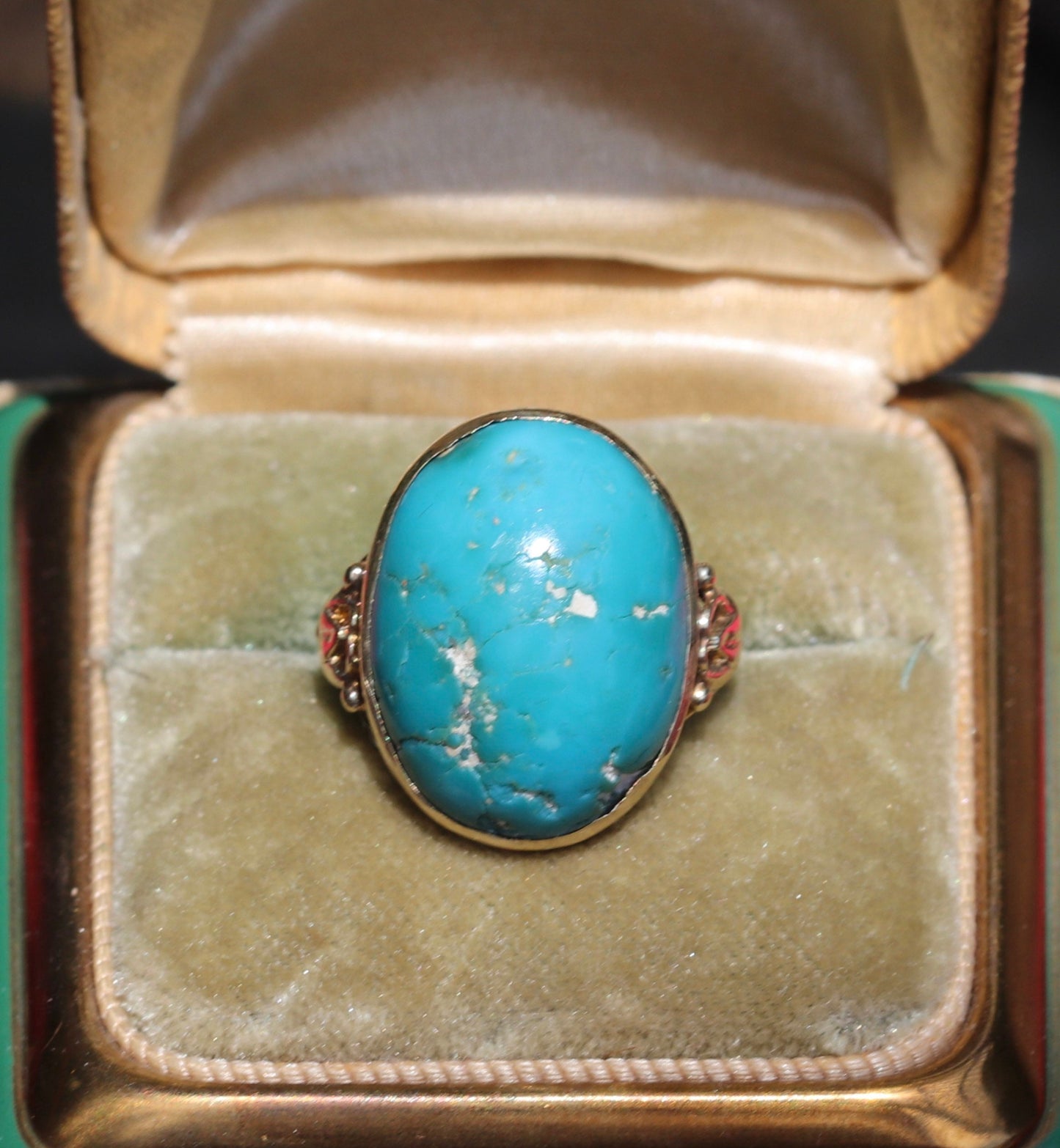 Solid turquoise and 14k gold ring size 5 sizable