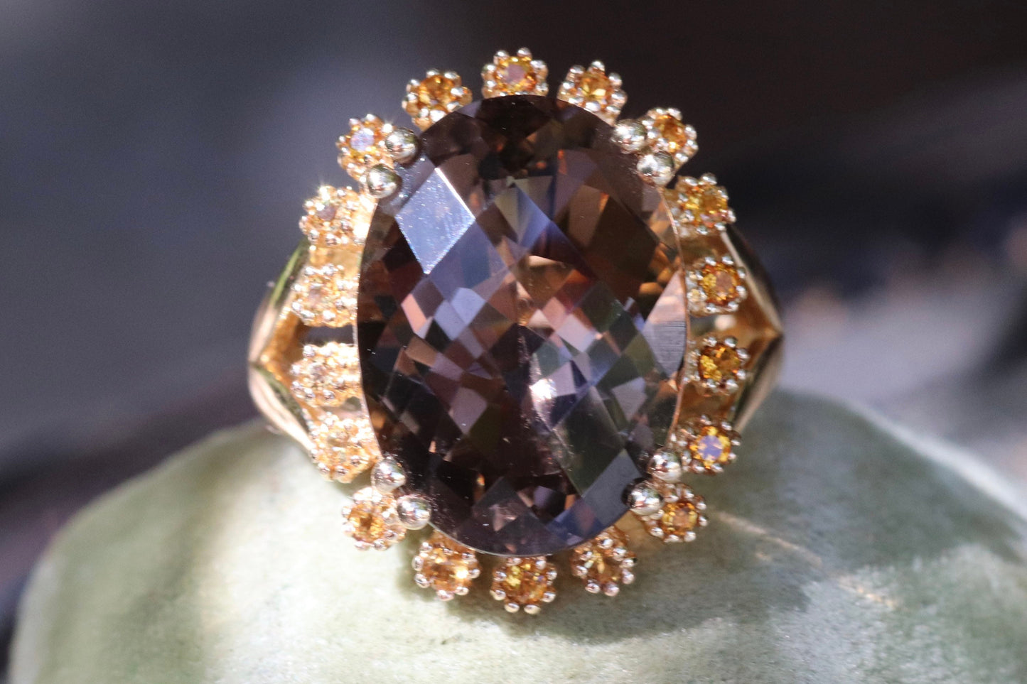 14 k gold fancy cut smoky quartz and yellow quartz statement ring size 8 sizable