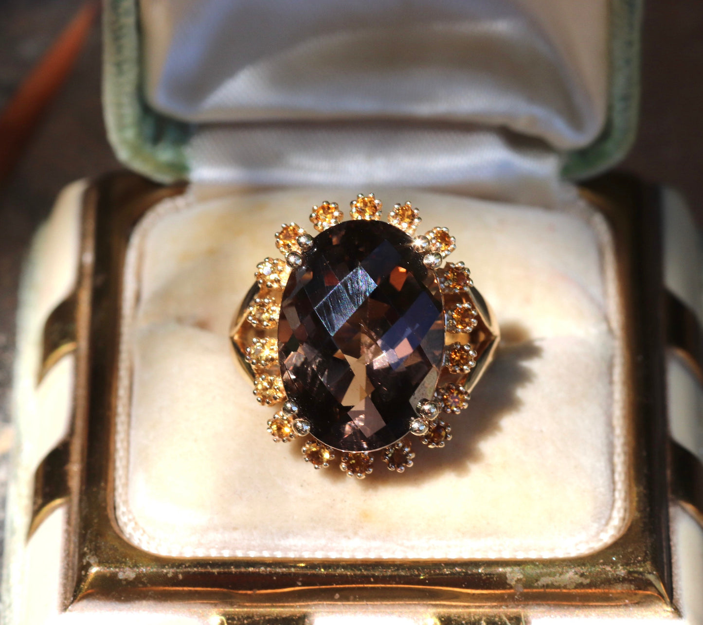 14 k gold fancy cut smoky quartz and yellow quartz statement ring size 8 sizable
