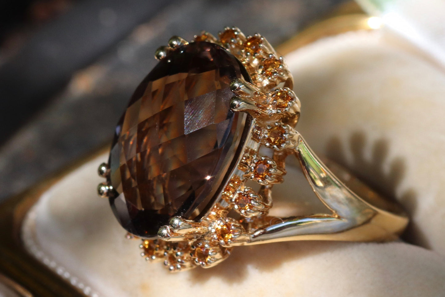 14 k gold fancy cut smoky quartz and yellow quartz statement ring size 8 sizable