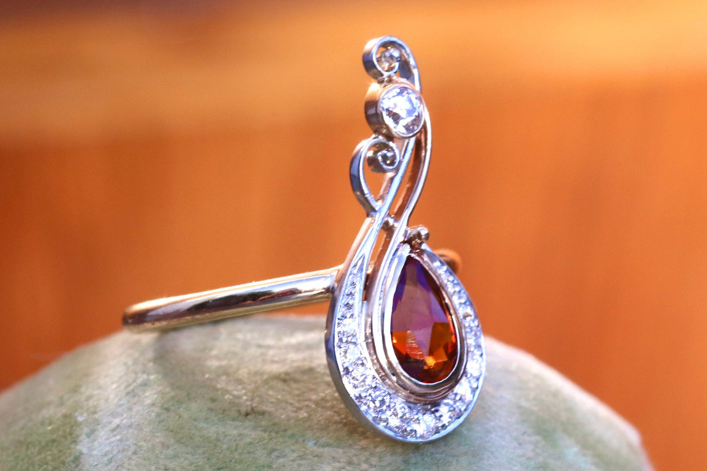 14k and platinum Art Deco hat pin to ring conversion citrine main stone old cut diamonds size 6 sizable