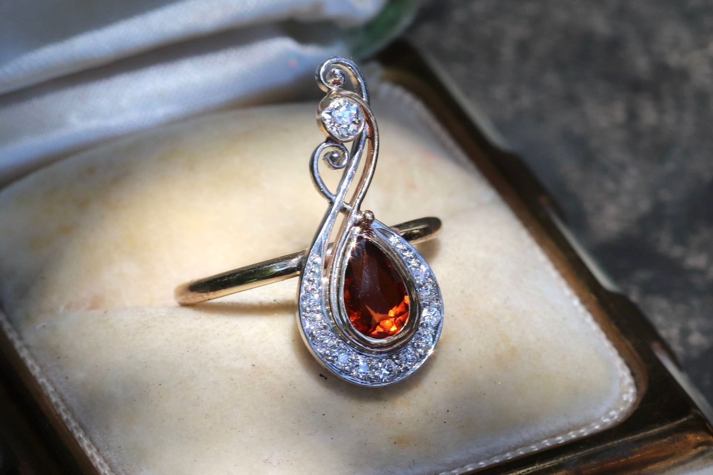 14k and platinum Art Deco hat pin to ring conversion citrine main stone old cut diamonds size 6 sizable