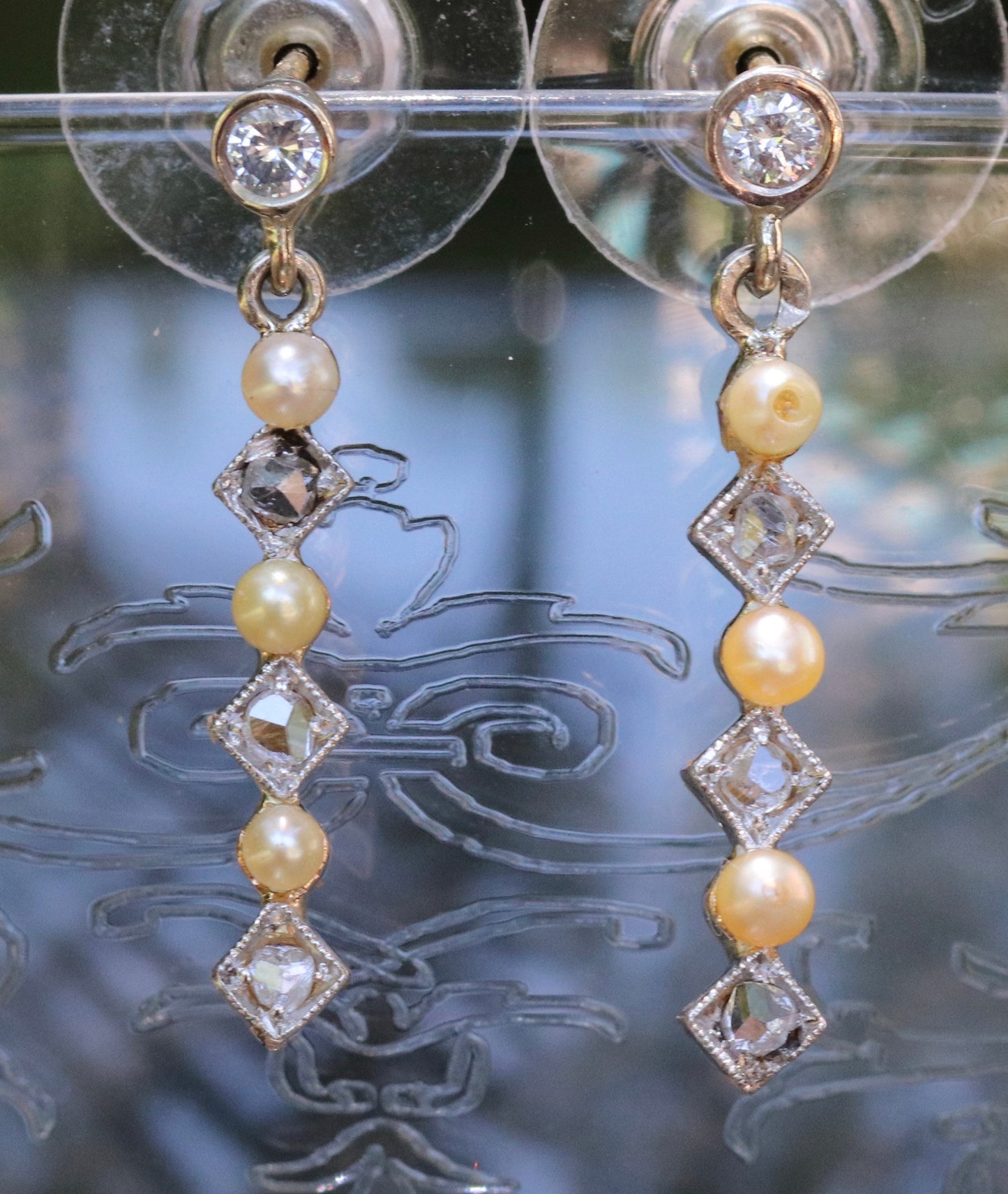 Pearl, rose cut diamonds and old European cut diamond earrings set in 14k gold