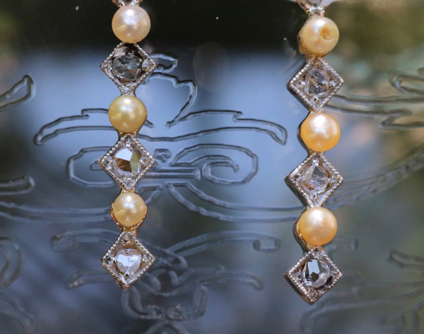 Pearl, rose cut diamonds and old European cut diamond earrings set in 14k gold