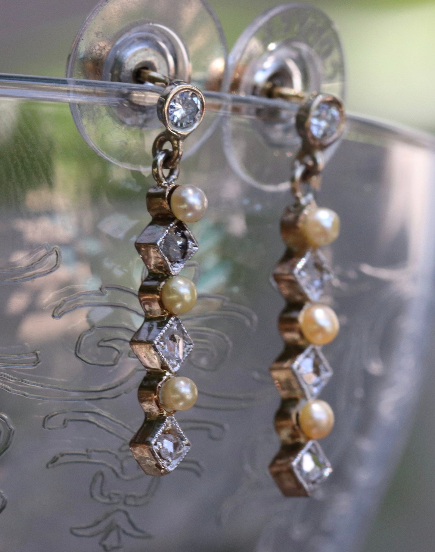 Pearl, rose cut diamonds and old European cut diamond earrings set in 14k gold