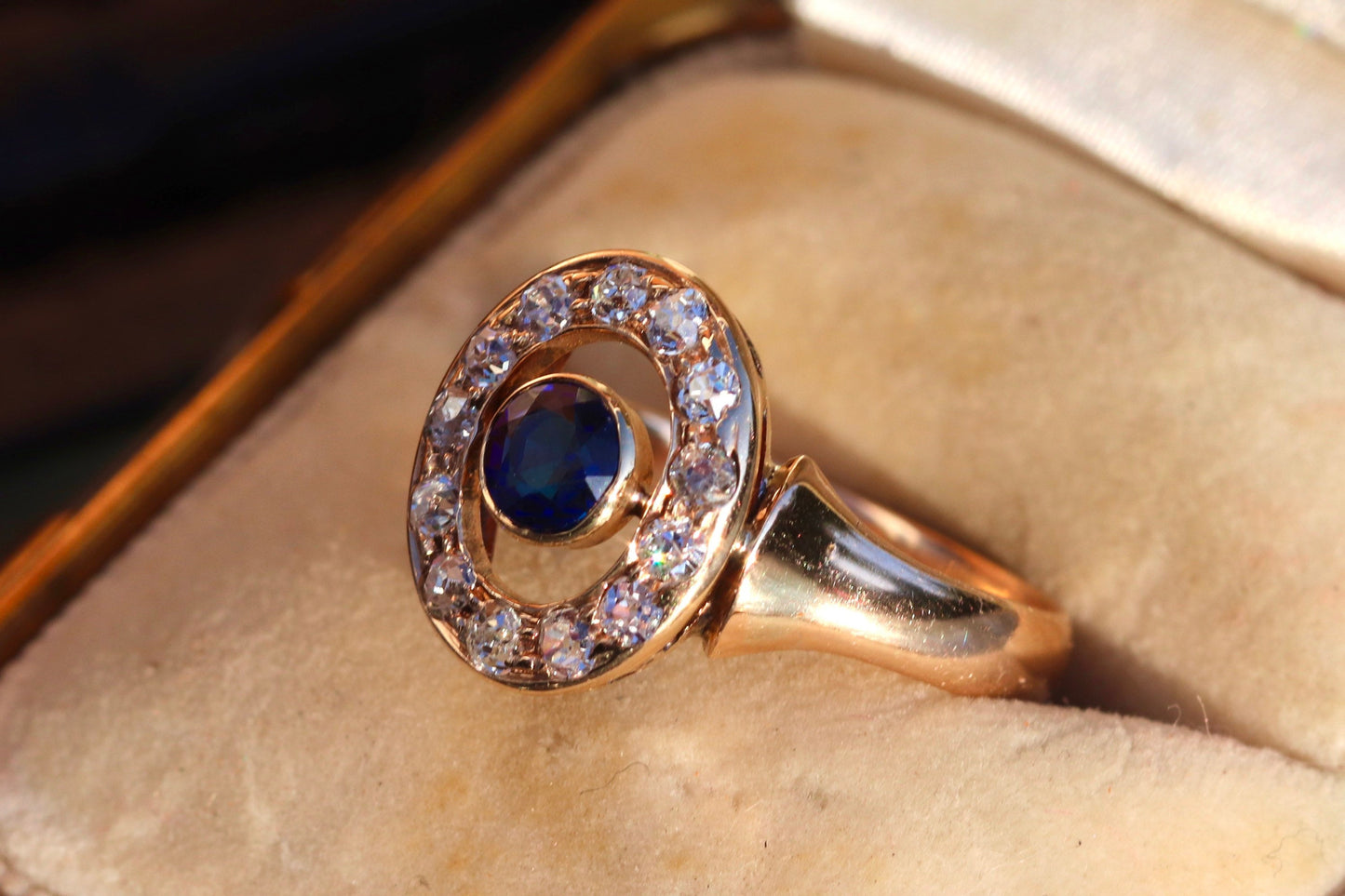 14k old cut diamond halo and synthetic sapphire ring size 7 sizable