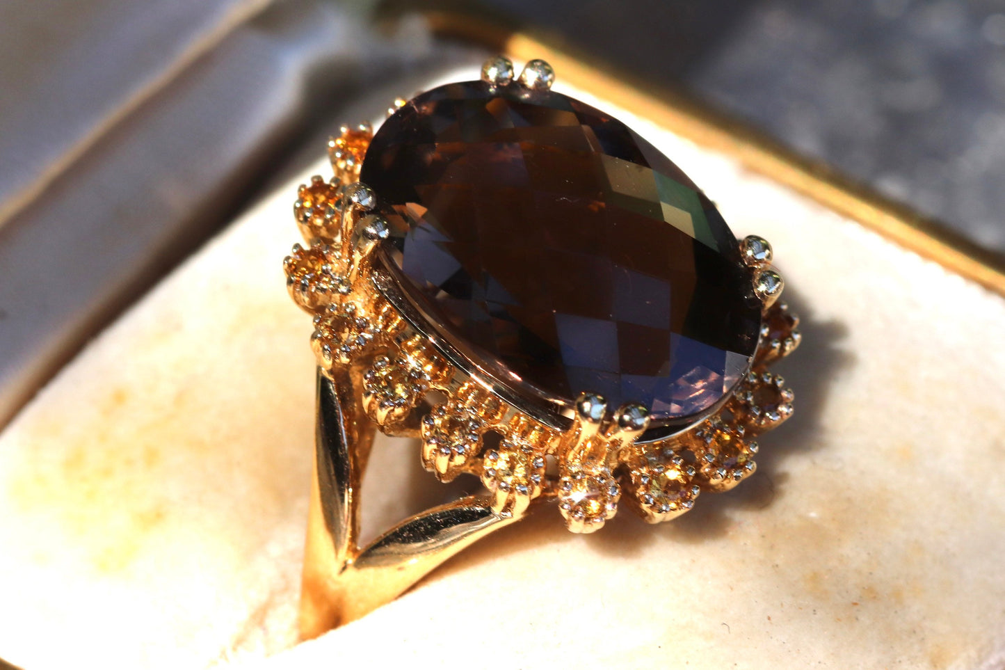 14 k gold fancy cut smoky quartz and yellow quartz statement ring size 8 sizable