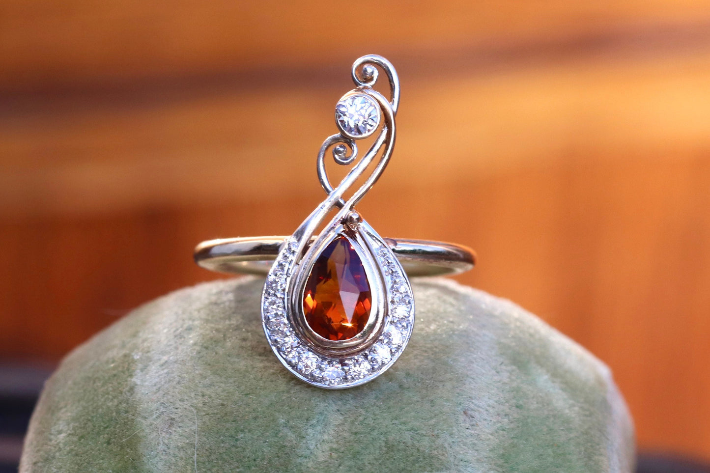 14k and platinum Art Deco hat pin to ring conversion citrine main stone old cut diamonds size 6 sizable