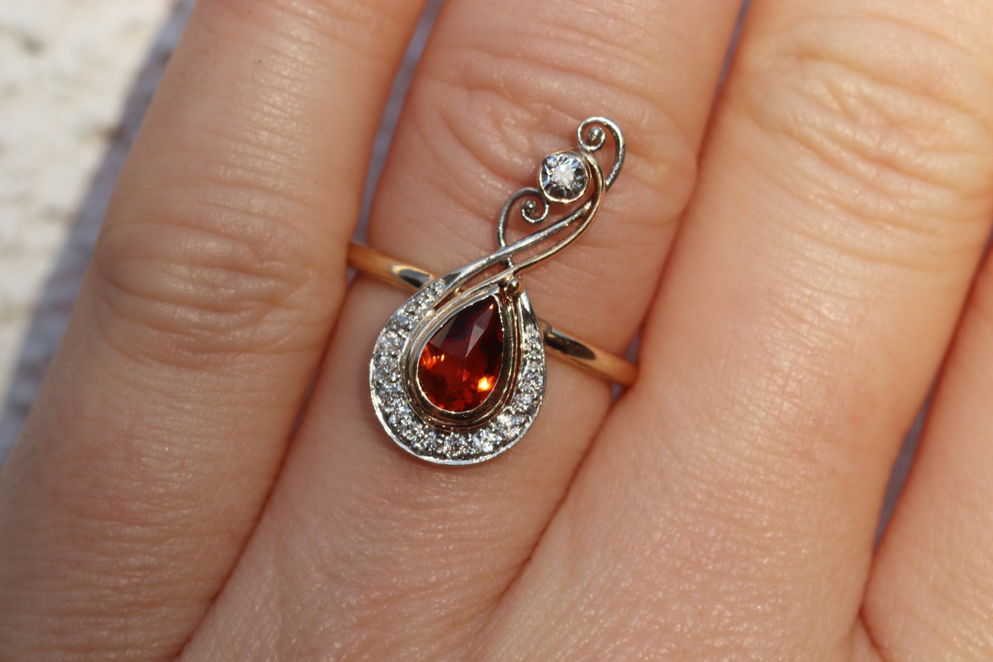 14k and platinum Art Deco hat pin to ring conversion citrine main stone old cut diamonds size 6 sizable