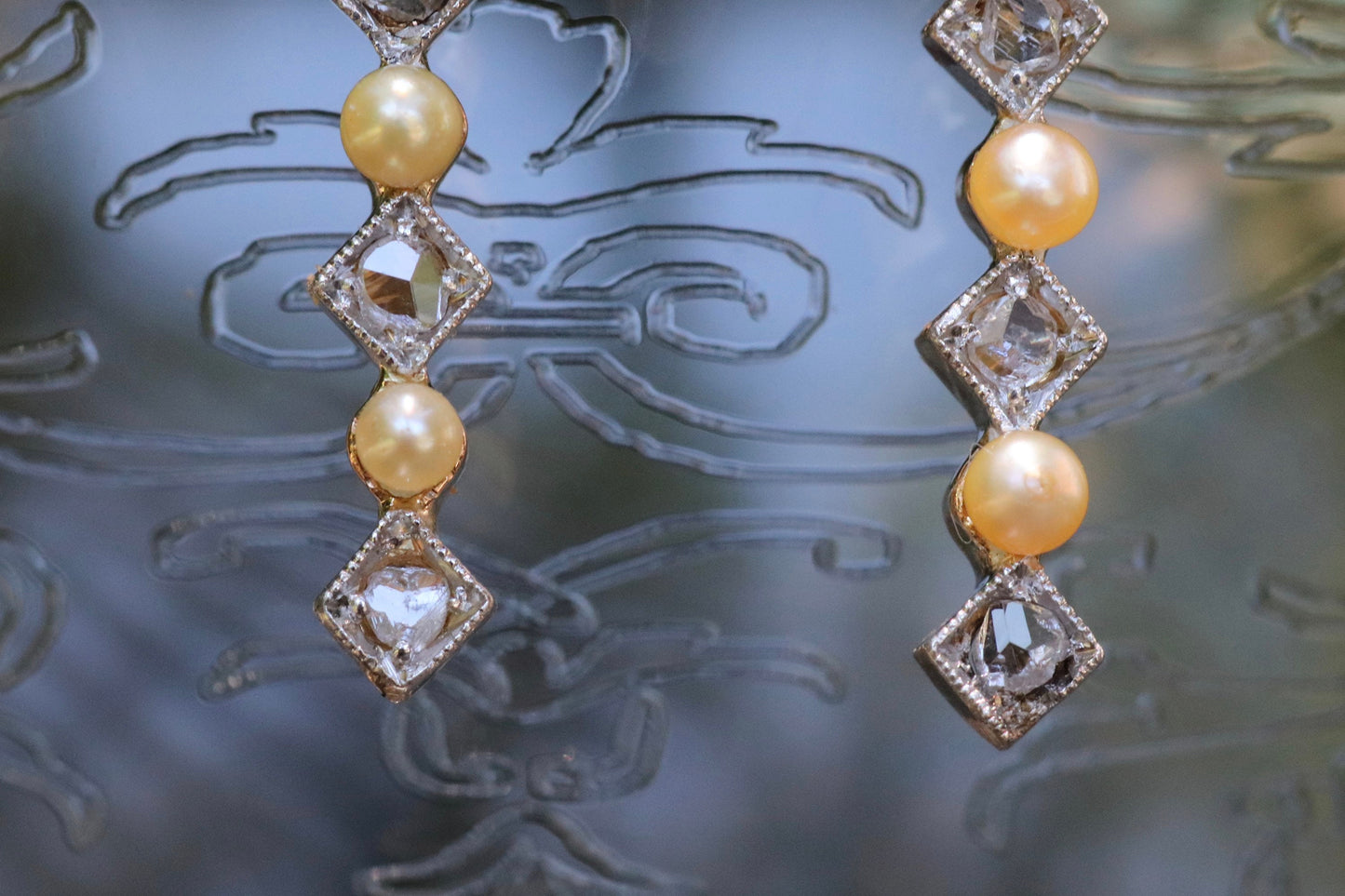 Pearl, rose cut diamonds and old European cut diamond earrings set in 14k gold