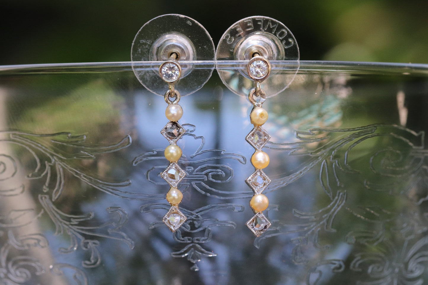 Pearl, rose cut diamonds and old European cut diamond earrings set in 14k gold