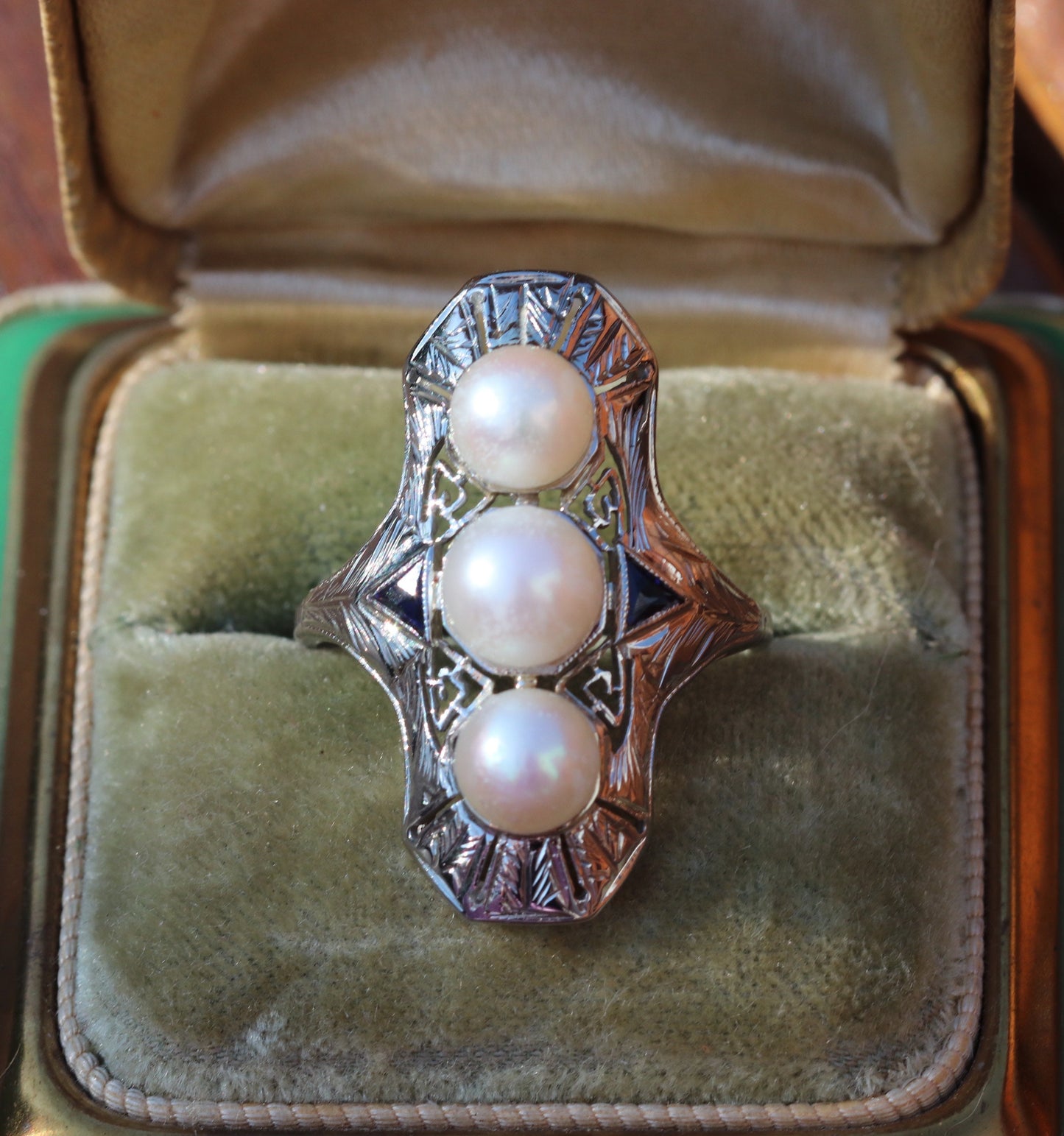Saltwater pearl and synthetic sapphire Edwardian ring in 18k white gold size 8.5 (sizable)