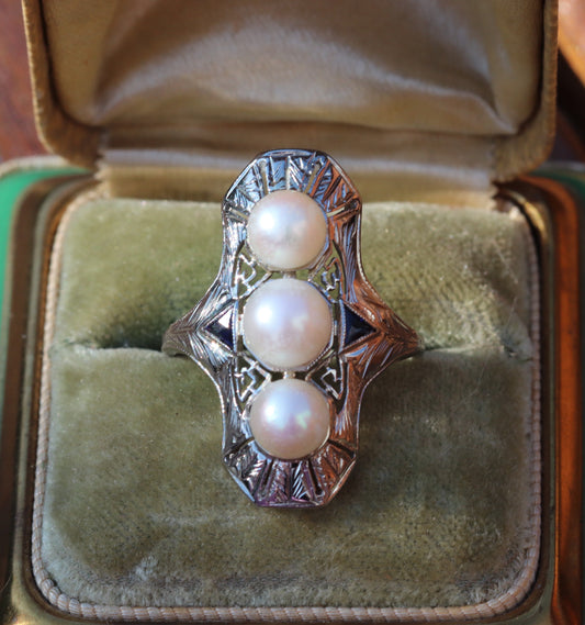 Saltwater pearl and synthetic sapphire Edwardian ring in 18k white gold size 8.5 (sizable)