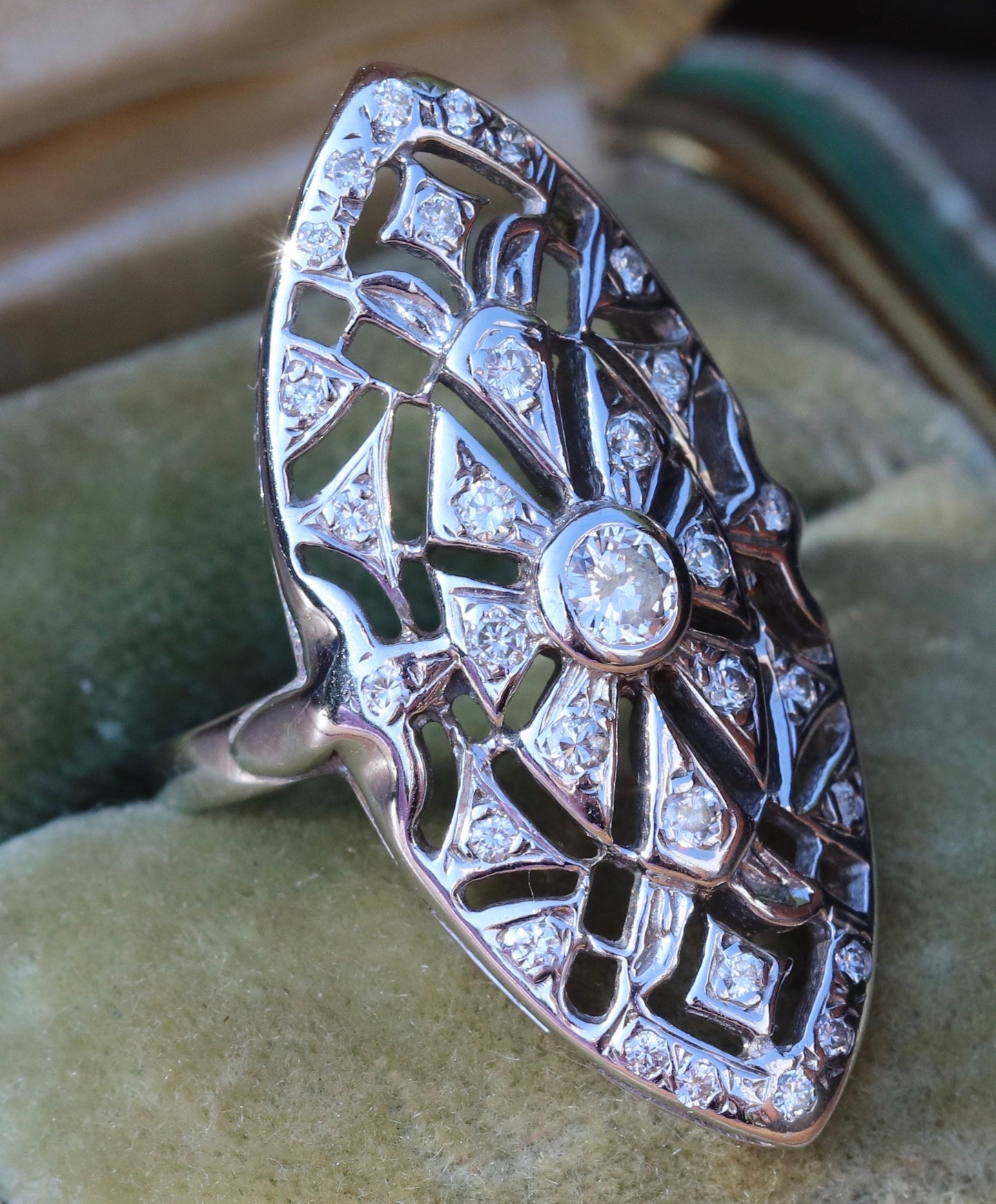 Approximately 1ctw Retro diamond navette ring in 14k white gold size 6.75 (sizable)