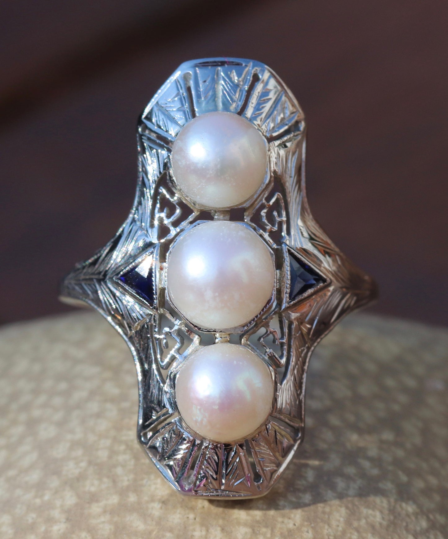 Saltwater pearl and synthetic sapphire Edwardian ring in 18k white gold size 8.5 (sizable)