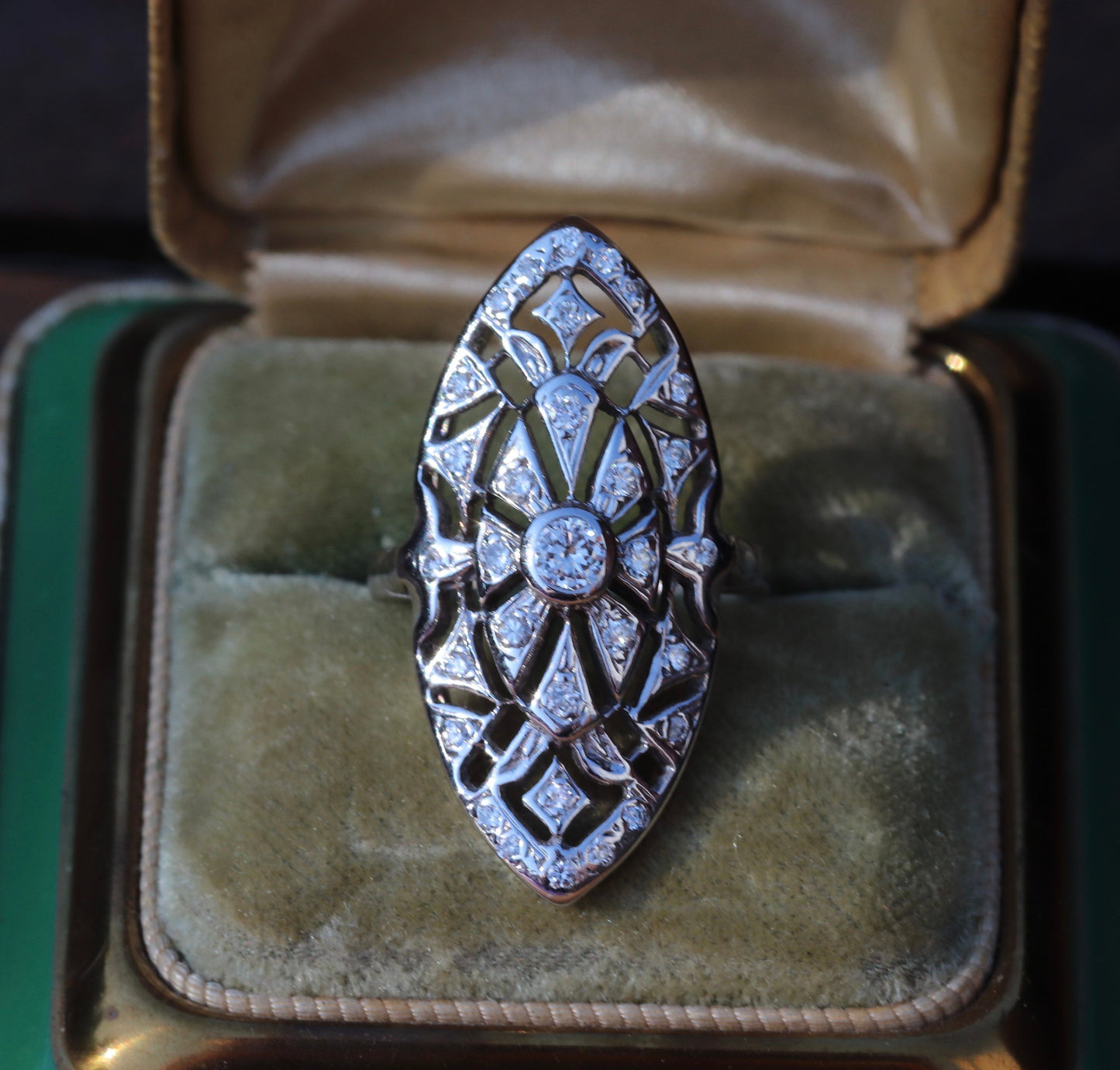 Approximately 1ctw Retro diamond navette ring in 14k white gold size 6.75 (sizable)