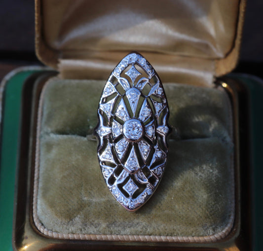 Approximately 1ctw Retro diamond navette ring in 14k white gold size 6.75 (sizable)