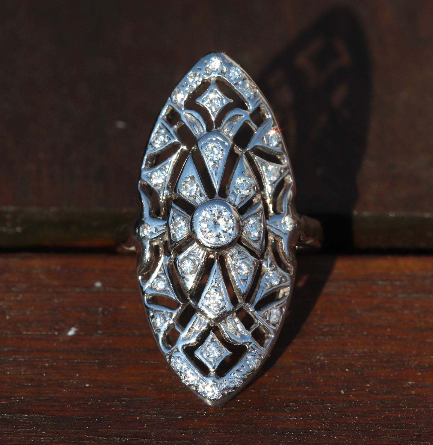 Approximately 1ctw Retro diamond navette ring in 14k white gold size 6.75 (sizable)