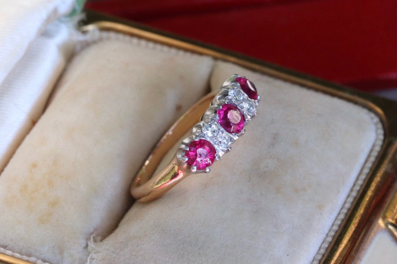 Ruby (synthetic) and old cut diamond ring size 4.5 (sizable) set in 14k yellow and white gold