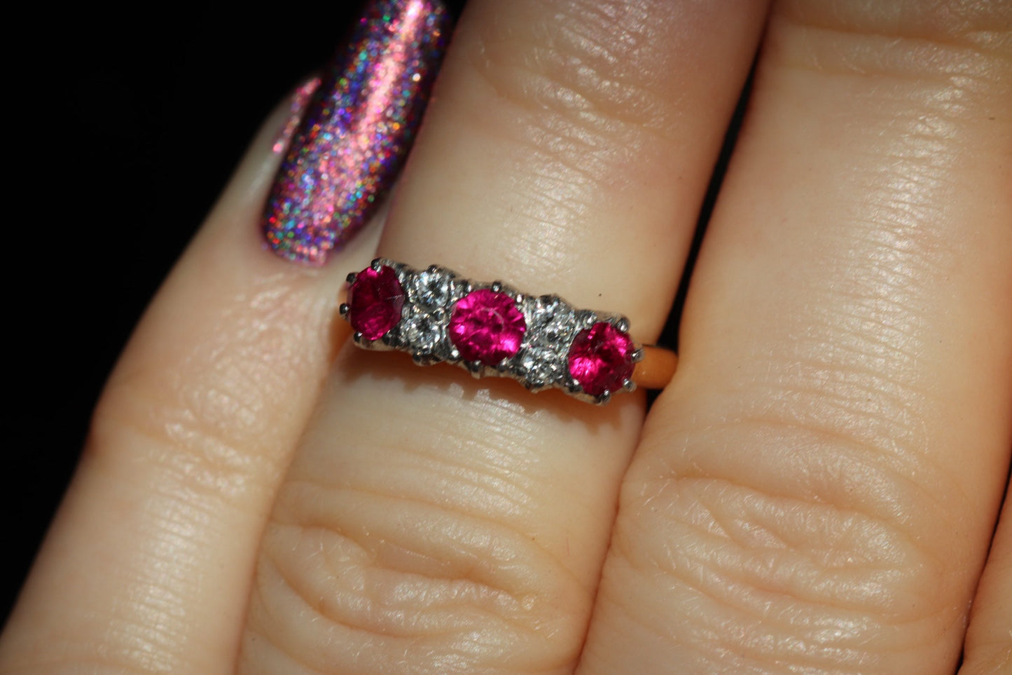 Ruby (synthetic) and old cut diamond ring size 4.5 (sizable) set in 14k yellow and white gold