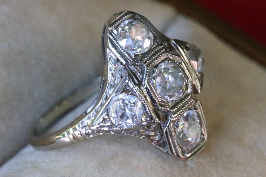 14k white gold old European cut diamond filigree ring size 3 (sizable by 2 sizes)