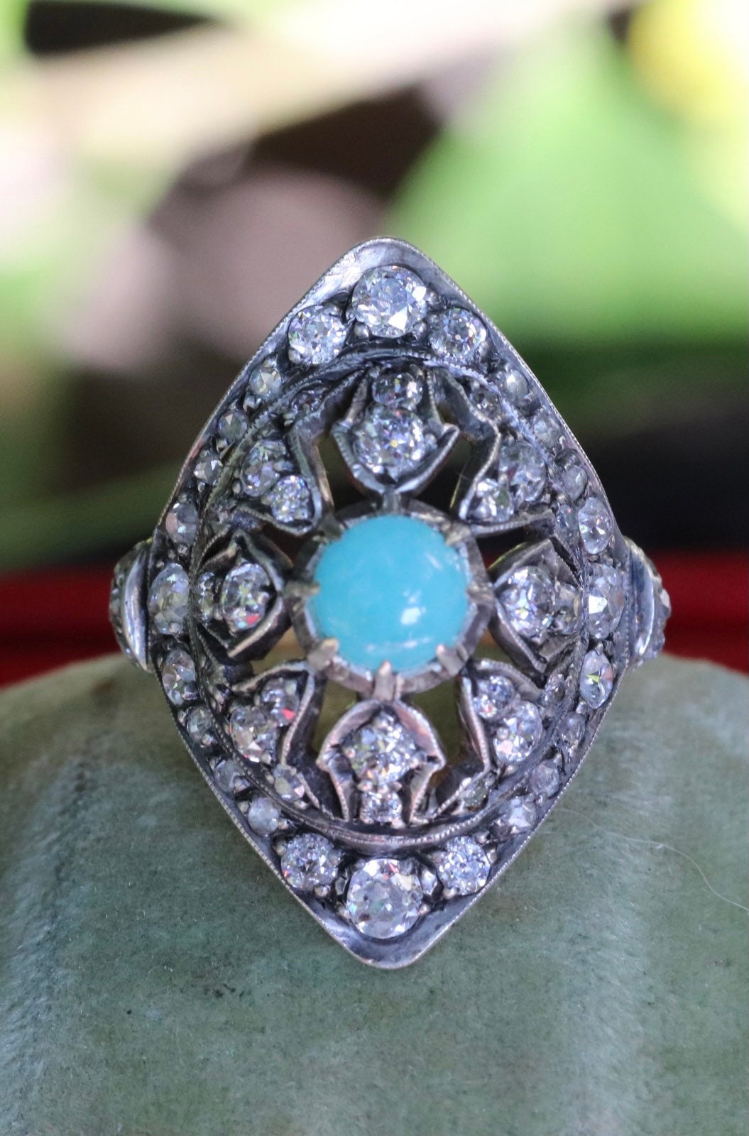 14k yellow gold silver topped Victorian reproduction ring set with old European diamonds and Paraiba tourmaline size 8 (sizable within 2)