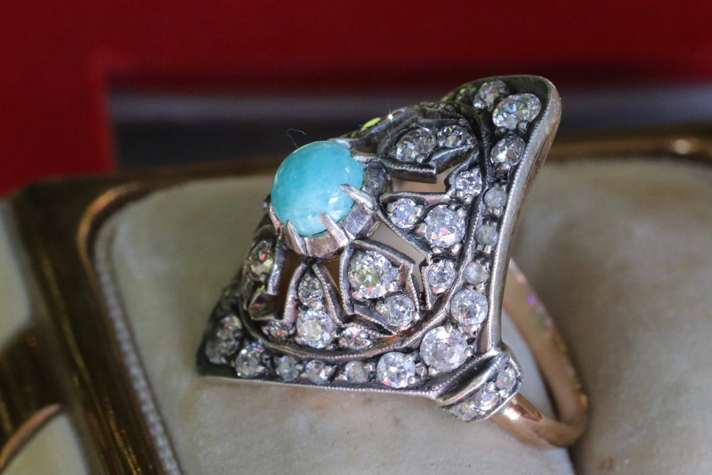 14k yellow gold silver topped Victorian reproduction ring set with old European diamonds and Paraiba tourmaline size 8 (sizable within 2)