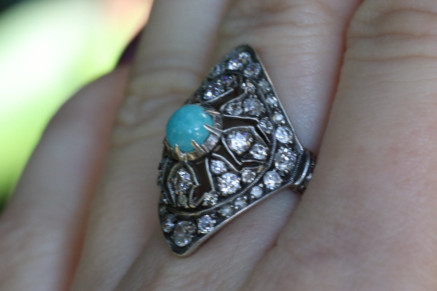 14k yellow gold silver topped Victorian reproduction ring set with old European diamonds and Paraiba tourmaline size 8 (sizable within 2)