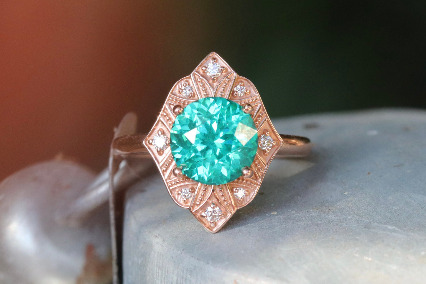 14 rose gold and diamond ring with paraiba colored precision cut YAG size 7.5 (sizable)