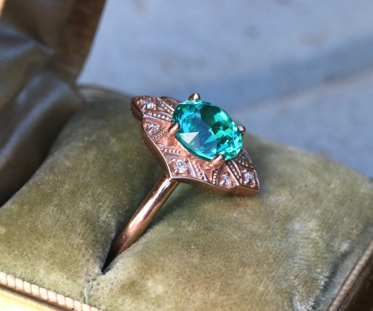 14 rose gold and diamond ring with paraiba colored precision cut YAG size 7.5 (sizable)