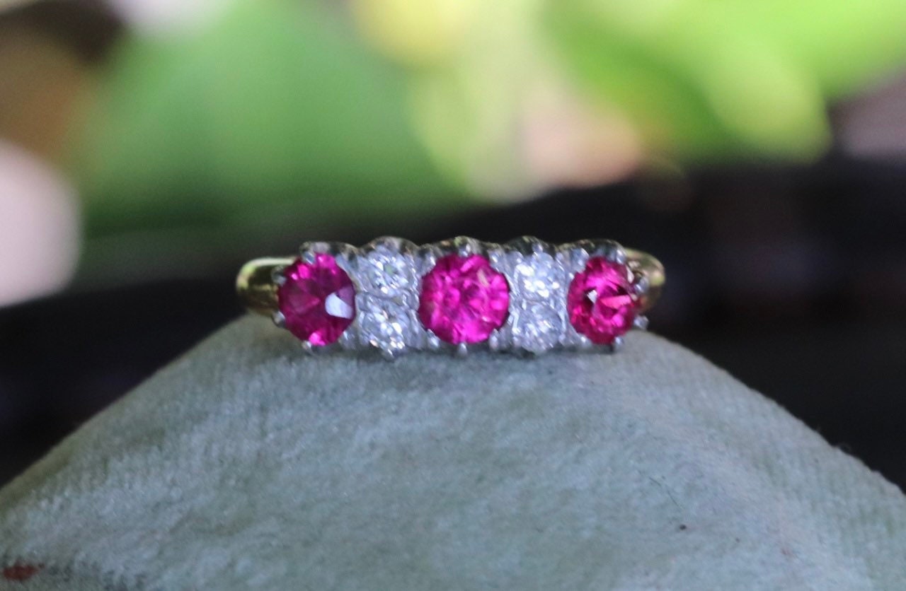 Ruby (synthetic) and old cut diamond ring size 4.5 (sizable) set in 14k yellow and white gold