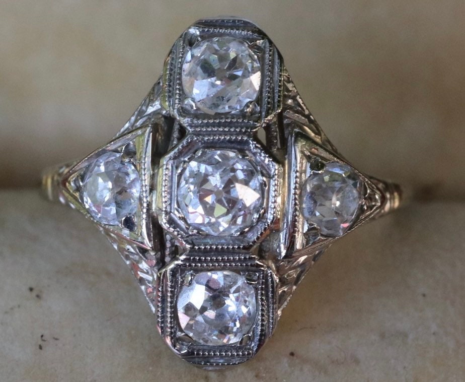 14k white gold old European cut diamond filigree ring size 3 (sizable by 2 sizes)