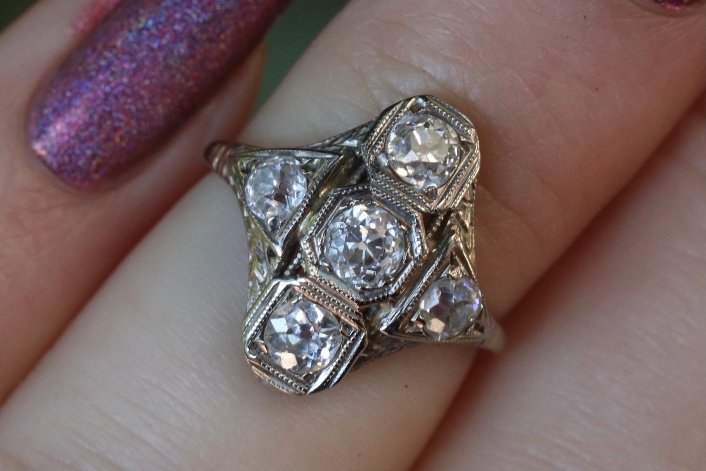 14k white gold old European cut diamond filigree ring size 3 (sizable by 2 sizes)