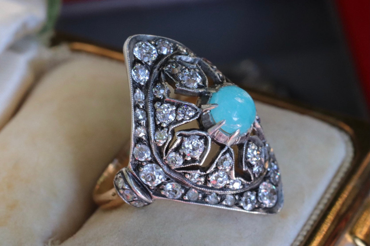 14k yellow gold silver topped Victorian reproduction ring set with old European diamonds and Paraiba tourmaline size 8 (sizable within 2)