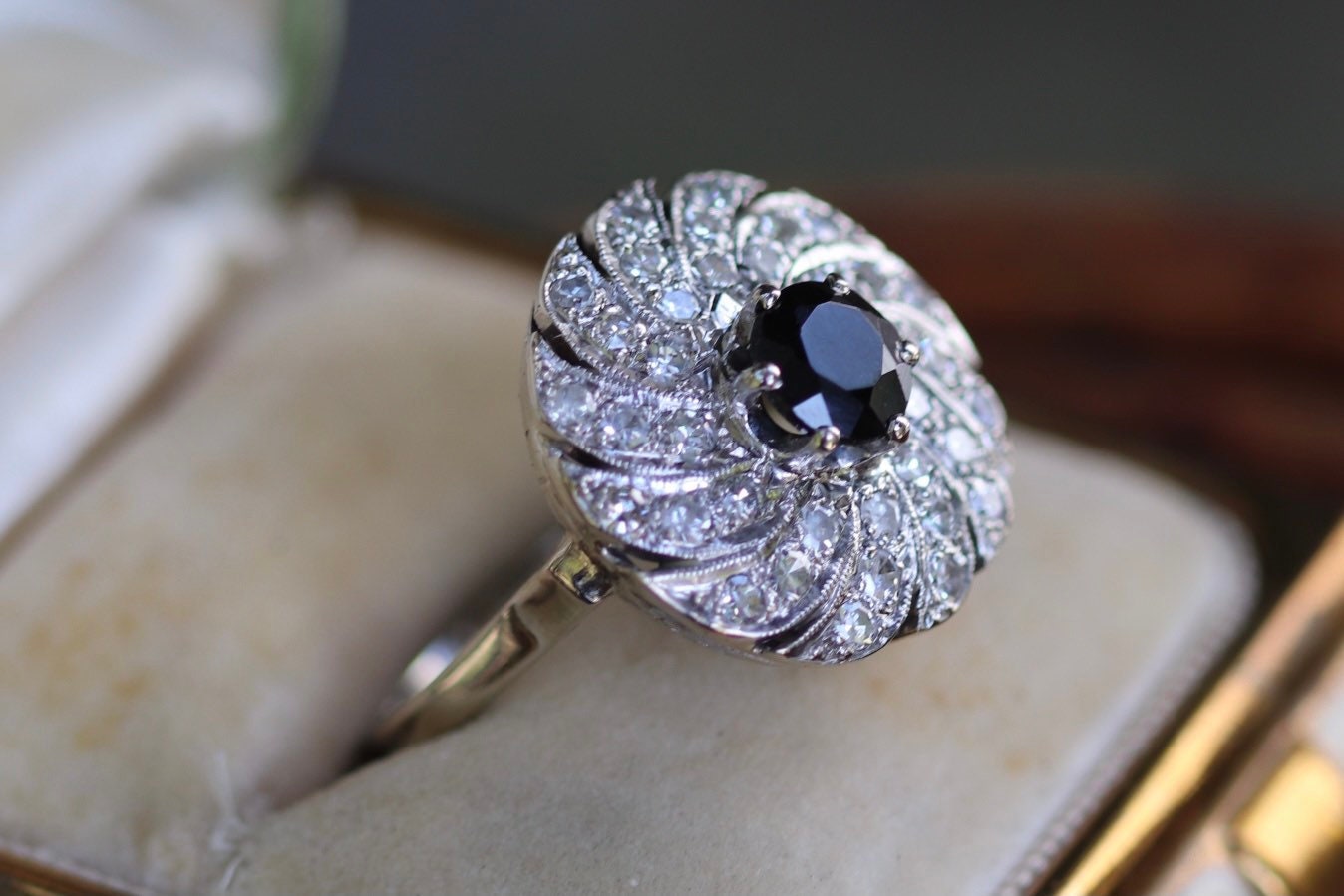 Onyx and old cut diamond ring set in 14k size 8.5 (sizable)